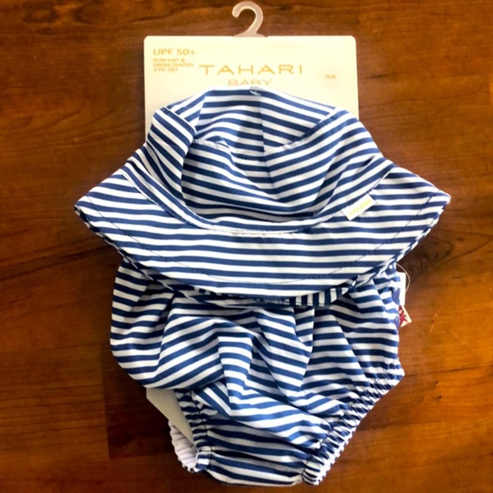 Reusable Blue & White Striped Baby Swim Hat & Diaper Set NWT